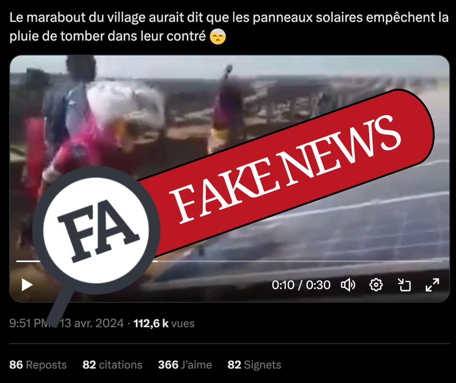 Ces images ne montrent pas des villageois détruisant un panneau solaire qui serait à l’origine de leur manque de pluie