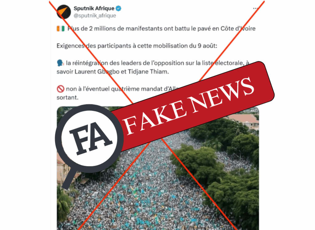 Image générée par intelligence artificielle montrant une foule compacte présentée à tort comme une manifestation en Côte d’Ivoire contre Alassane Ouattara, août 2025